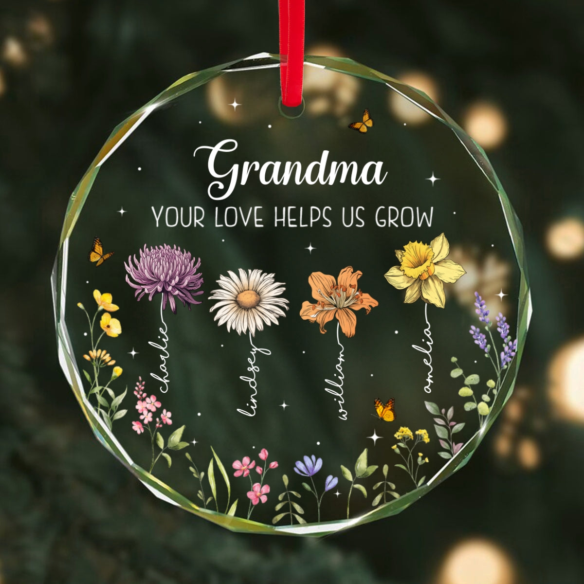 Grandma Your Love Helps Us Grow Birth Month Flowers Personalized Glass Ornament