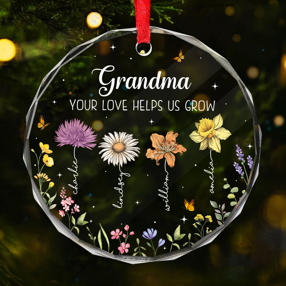 Grandma Your Love Helps Us Grow Birth Month Flowers Personalized Glass Ornament
