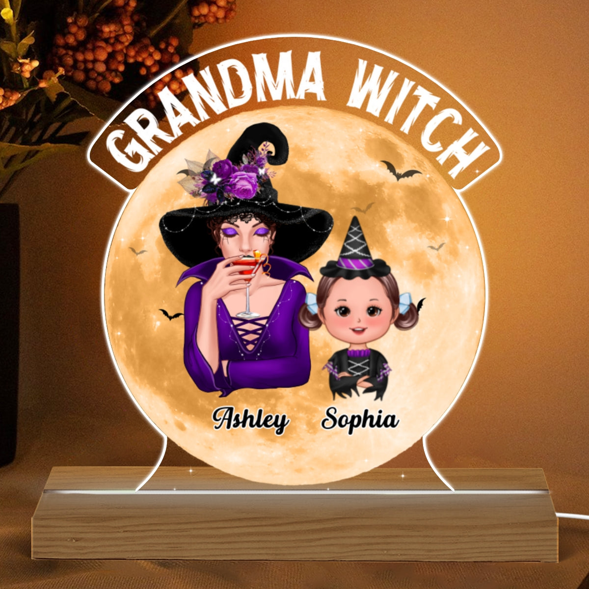 Grandma Witch Halloween Woman & Kids Personalized Custom Shaped Acrylic Plaque With LED Night Light
